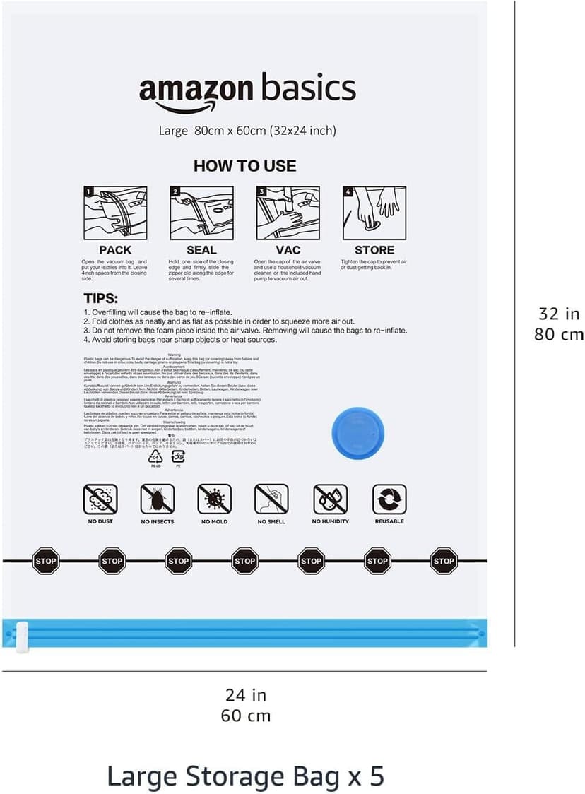 Amazon Basics Vacuum Compression Space Saving Storage Bags with Hand Pump, Large, Pack of 5, Clear