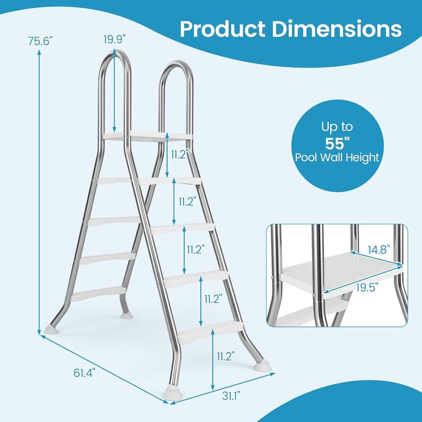Goplus 4-Step Steel Frame Above Ground Swimming Pool Ladder for 55" Pool Wall Heights, Double-Sided Entry & Exit Ladder w/Non-Slip Steps, Top Platform, Rotating Foot Pads