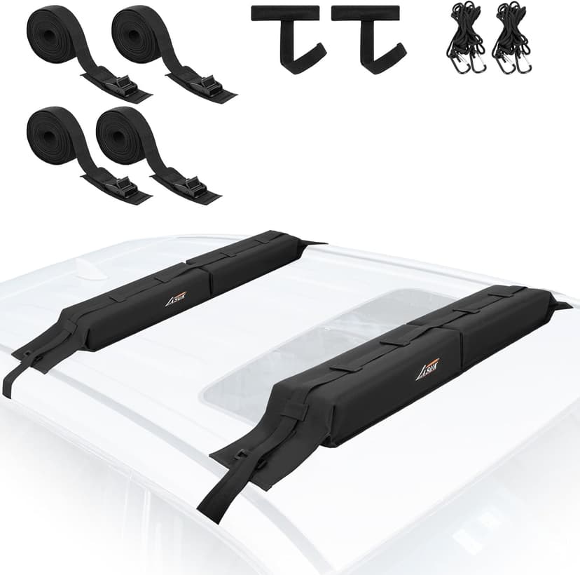 Universal Soft Roof Rack Pads for Kayak SUP Surfboard Snowboard Canoe, Heavy Duty Car Roof Rack System with 2 Tie Down Straps, 4 Quick Loop Straps, 2 Hood Loops, Tie Down Ropes and Storage Bag