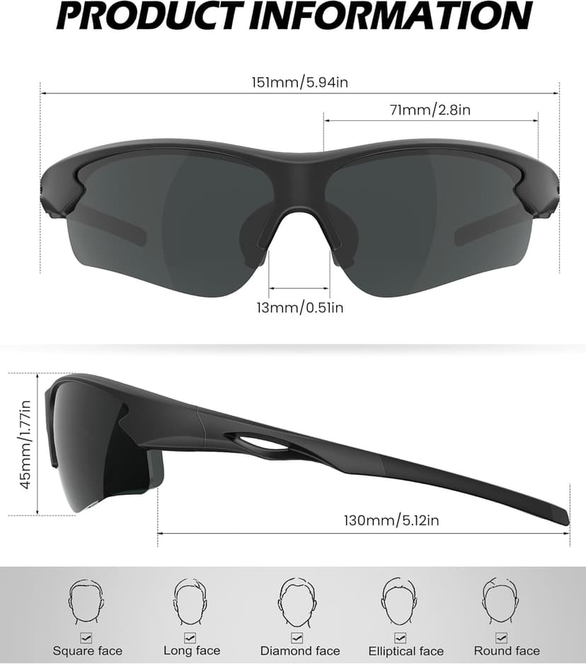 CIFOYA Polarized Sports Sunglasses for Men and Women - UV Protection Half Frame Sun Glasses for Running Baseball Fishing