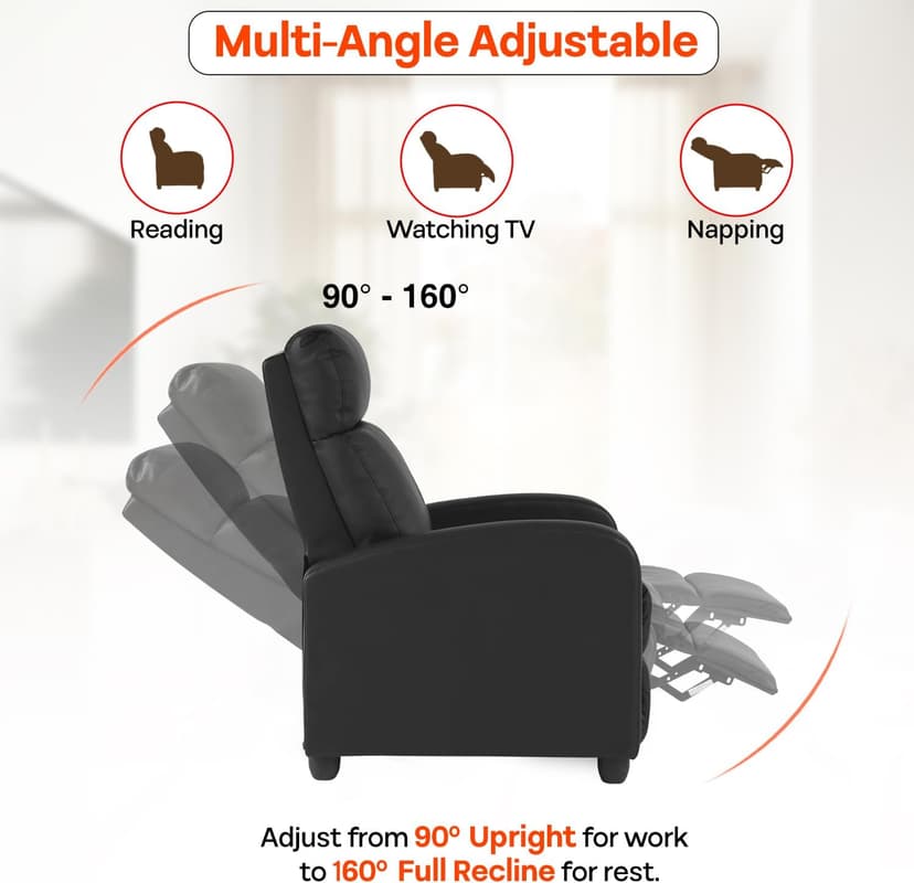 FDW Recliner Sofa Massage Chair Home Theater Seating with Lumbar Support and Padded Backrest for Living Room and Bedroom (Leather, Black)