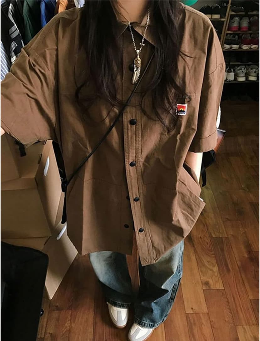 UICIOP Korean Version Women's Shirt Retro Lapel Button up Shirt Women's Summer Loose Casual Short Sleeved top