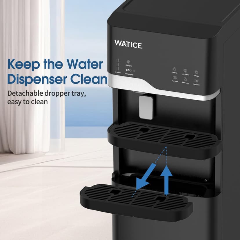Self-Cleaning Water Dispenser with Ice Maker, Bottom Loading Hot & Cold Water Cooler for 3 or 5 Gallon Bottle - Child Safety Lock & Nightlight - Water Machine for Home, Office, Black