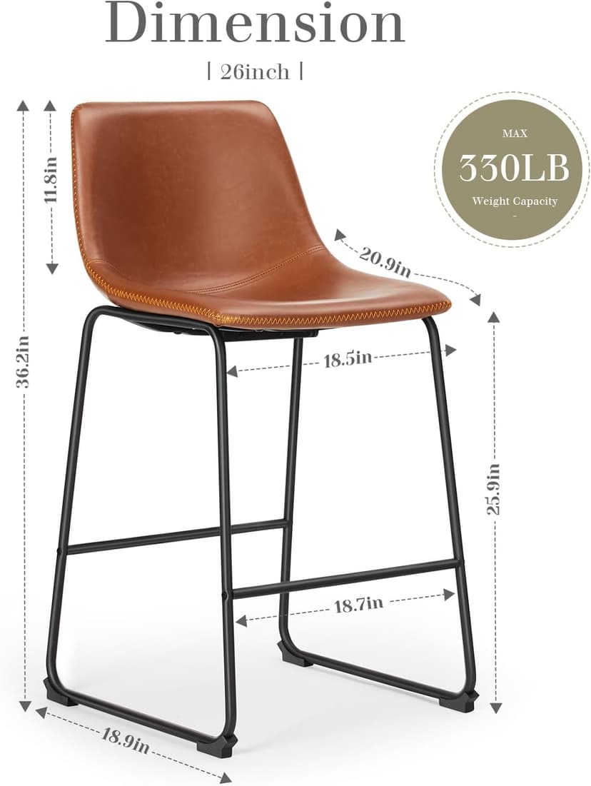 DUMOS 26 Inch Counter Height Bar Stools Set of 4, Modern Faux Leather High Barstools with Back and Metal Leg, Upholstered Bar Chairs for Kitchen Island, Brown