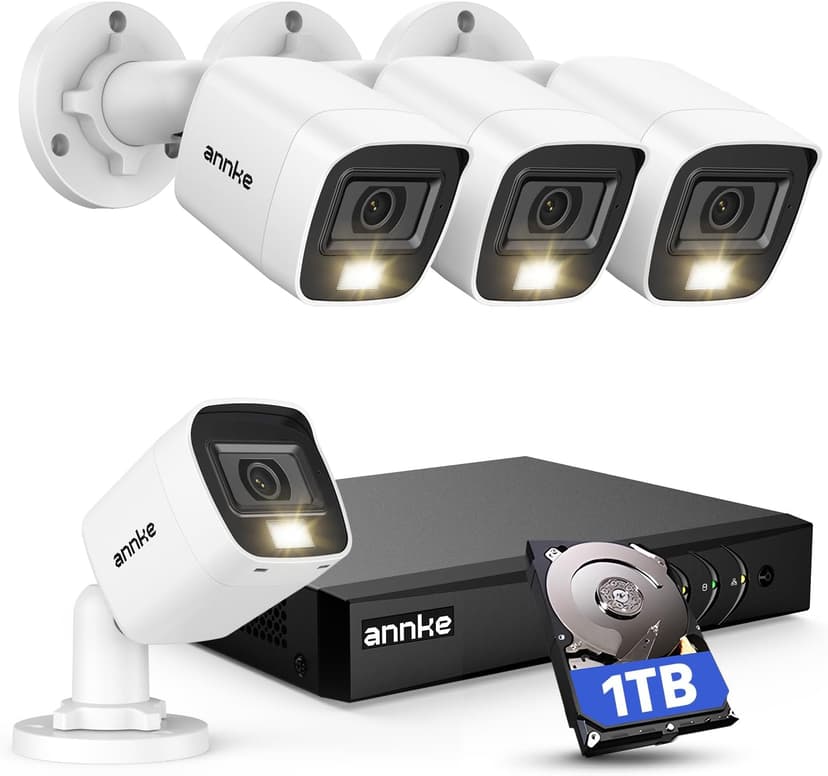 ANNKE 8CH 2MP Security Camera System, 8 Channel H.265+ DVR Recorder, AI Human/Vehicle Detection, 4X 1080P Cams with Smart Dual Light Color Night Vision for Home & Business Surveillance, IP67, 1TB HDD