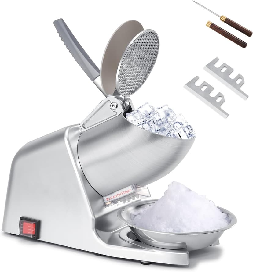 Electric Ice Shaver Machine, Dual Blade &178 lbs/hr | 300W Ice Crusher for Home Use and Commercial, Shaved Ice Machine, Ice Grinder, Ice Pick & Extra Blades, ETL-Listed, Silver