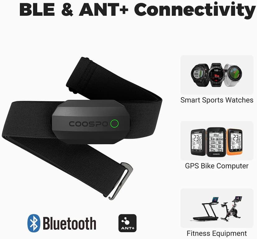 COOSPO Bluetooth Heart Rate Monitor Chest Strap H808S, ANT+ BLE HR Monitor Chest, HRM IP67 Waterproof, 300H Battery Life