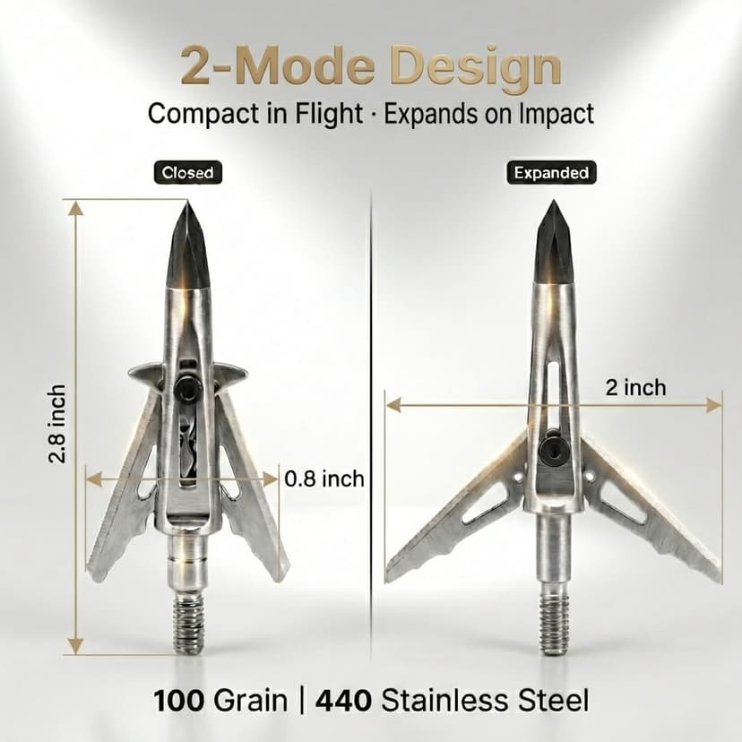 Mechanical Expandable Broadheads Hunting Arrow Tips, 100 Grain 2 Inch Cut, 440 Stainless Steel Blades & Chisel Tip, 8-32 Thread for Crossbow & Compound Bow Bolts, Up to 500 FPS Tested, 4 Pack