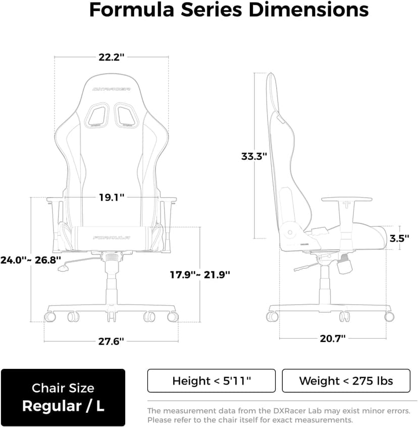 DXRacer Formula L Ergonomic Gaming Chair for Adults, Reclining Video Office Computer Chair with Lumbar Support and Headrest, Racing Style Height Adjustable (PVC Synthetic Leather, Zero)