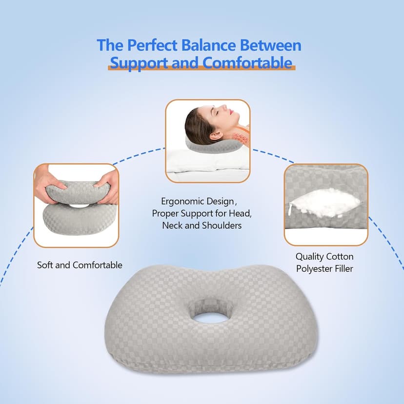 Swaycy Ear Piercing Pillow with an Hole for CNH and Ear Pain Inflammation Pressure Sores for Side Sleepers, Cotton and Polyester Side Sleeper Pillow, Washable and Adjustable Ear Guard Pillow, Gray