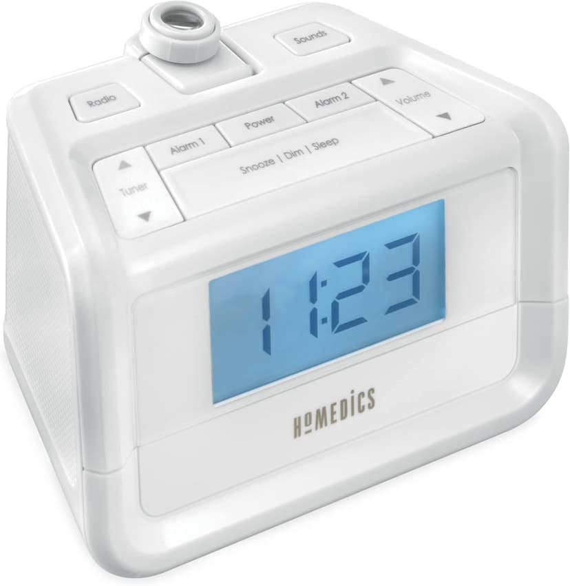 HoMedics Dual Alarm Digital FM Clock Radio Time Projection, 8 Relaxing Nature Sounds, LED Display, Multi-Alarm Snooze, Sleep Timer, Nightlight, Ceiling Clock SoundSpa, White