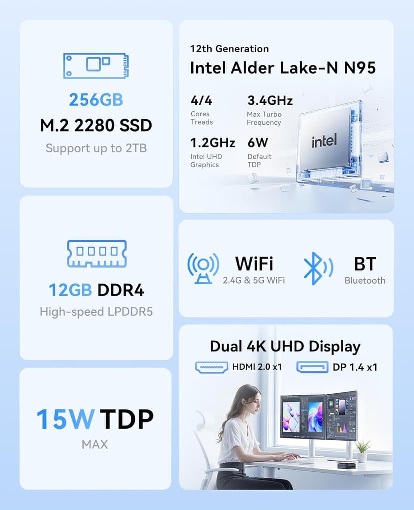KAMRUI Essenx E1 Mini PC, N95 Processor (up to 3.4GHz), 12GB LPDDR5 RAM 256GB M.2 SSD, Mini Desktop Computer Support Dual 4K, WiFi, Ethernet for Business, Office, Home