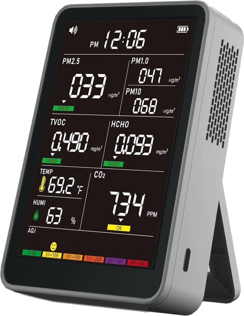 Professional Indoor Air Quality Monitor with AQI Alerts, Portable Real-Time Detector for Home, Car, Plants & Pet (Smog Gray)