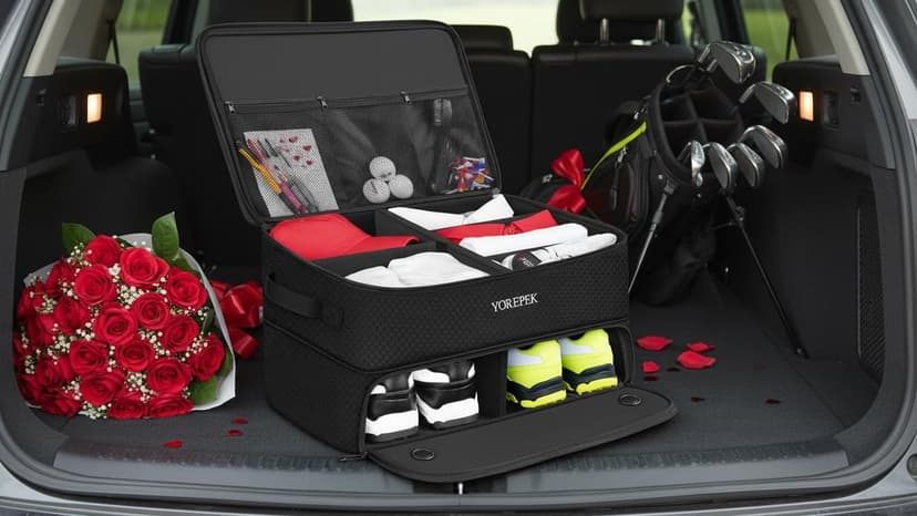 YOREPEK 2 Layer Golf Trunk Organizer, Golf Gifts for Men with Separate Ventilated Compartment for 2 Pair Shoes, Waterproof Car Trunk Locker for Balls, Tees, Clothes, Gloves, Accessories, Golfer Gifts