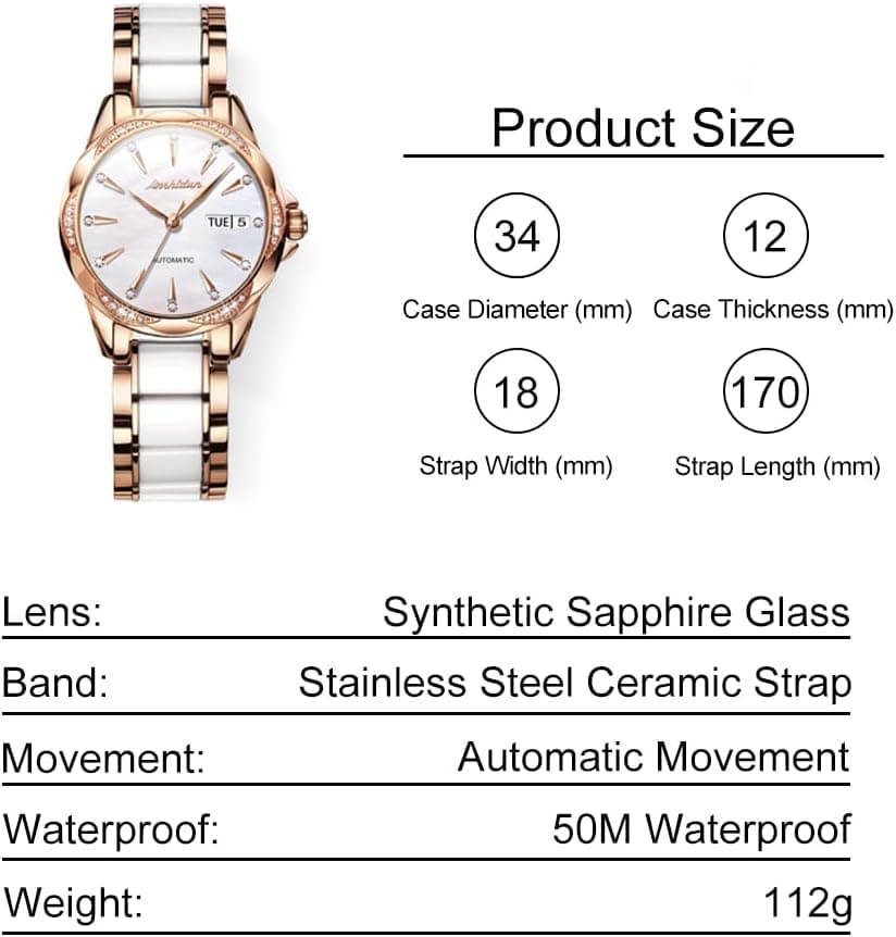 OLEVS Womens Big Face Automatic Watch, Diamond Accented Self Winding Dress Watch for Women, 50M Waterproof Day-Date Sapphire Crystal, Two Tone Stainless Steel Ceramic Band, White/Blue/Green/Red Dial