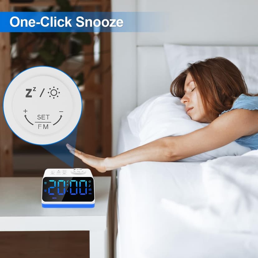 JALL Digital Alarm Clock with FM Radio for Bedroom, 8 Colors Night Light with 2 Charging Port, Sleep Sound Machines with Timer, Dual Alarm, Loud Alarm and Easy to Use for Seniors and Kids as Gift