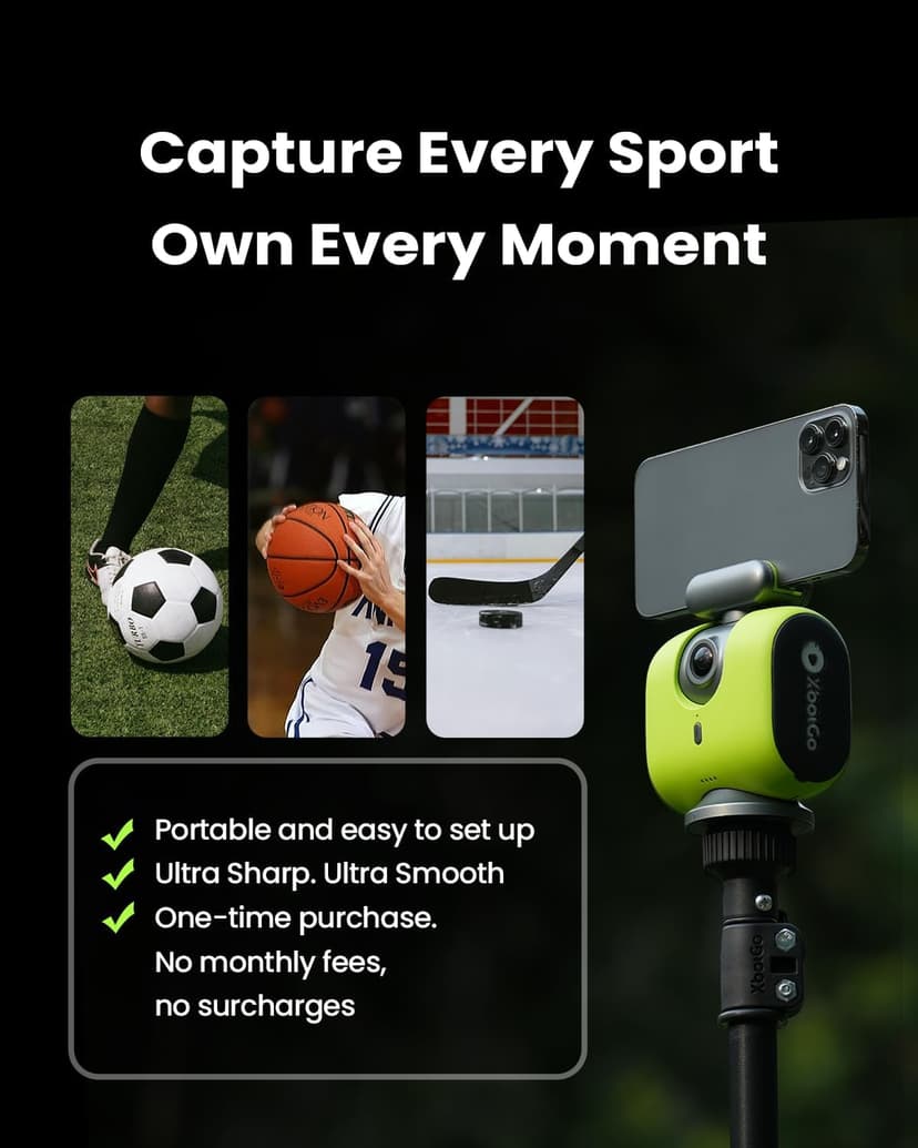 XbotGo Chameleon AI Auto Sports Action Camera - 4K 60FPS Soccer Camera and Basketball Tracking Camera for Team Sports, Live Streaming, No Subscription, Works with iOS & Android (Lava Graphite)