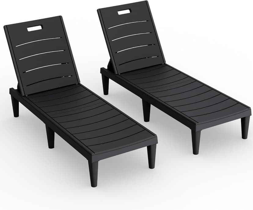 Devoko Outdoor Chaise Lounge Chair Set of 2 with 5-Position Adjustable Back, Waterproof & Lightweight PP Lounge Chairs for Outside Pool Patio (Black)