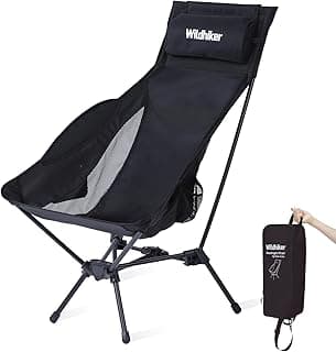 Wildhiker Portable Compact Folding Camping Chairs – Lightweight High Back with Pillow, Deep Recline, ArmPads, Side Pockets-for Motorcycle, RV, Backpacking, Travel, Festival – Black