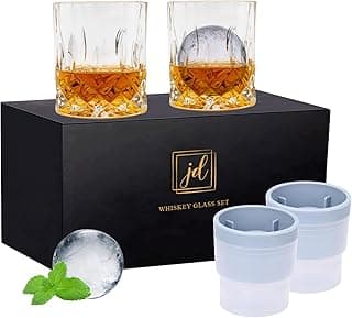 Whiskey Rocks Glass Set In Gift Box - Includes 2 Crystal Bourbon Glasses and 2 Big Ice Ball Molds - 10 Oz Old Fashioned Glasses for Scotch, Cocktails, Rum, Cognac, Vodka - Unique Gift for Men