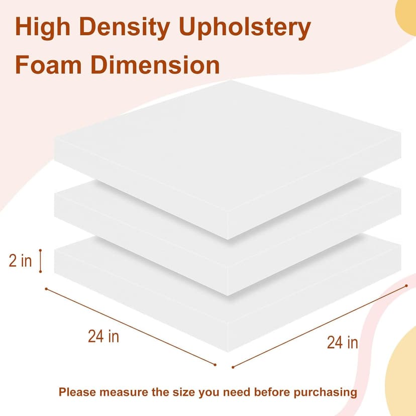 High Density Upholstery Foam 2" X 24" X 24", 3PCS Couch Cushion Replacement - 45D Density 70 ILD (Firm), Square Foam Padding for Chairs, Cut to Size Foam Replacement Cushion for Sofa Chair Bench