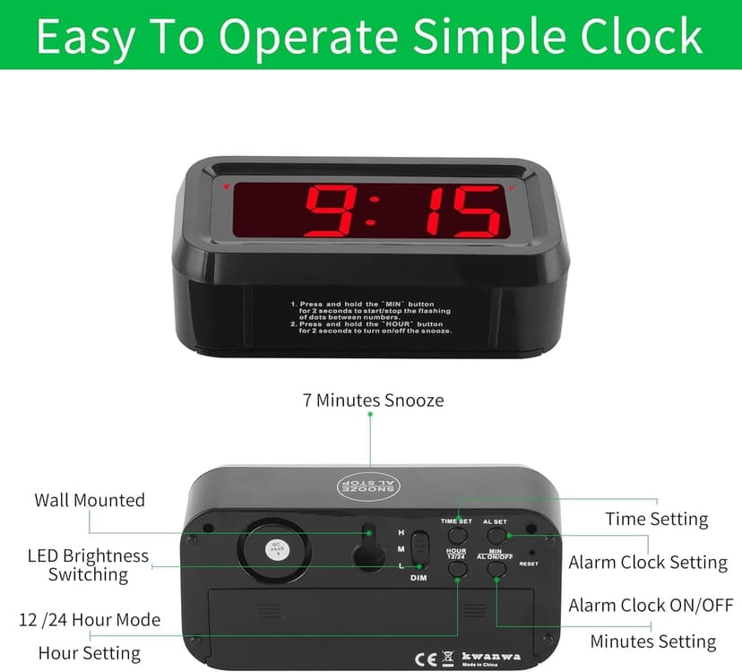 Alarm Clock, LED Digital Clock, Small Wall Clock, Battery Operated, Adjustable 3-Level Led Brightness, Dim Night Mode, 12/24Hr, Cordless, Constantly 1.2'' Digits Display for Bedroom/Travel,Easy to Set