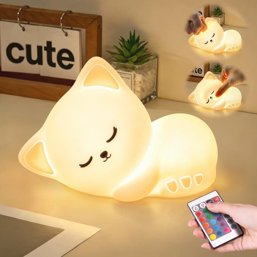 5-Level Dimmable Tap Night Light with Rechargeable Battery. Cute Stuff,Cat Room Decor & Gifts for Women,Adults, Teens & Kids. Mubarek Sleepy Cute Cat Gifts - 16-Color Silicone Night Light with Remote B0D8QGT88D