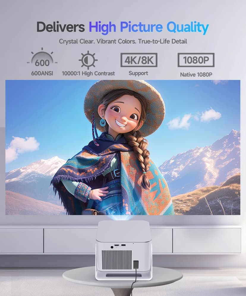Mini Projector with Wifi and Bluetooth, Outdoor Portable Proyector 4/8K Support, 600ANSI/ 1080P/ Obstacle Avoidance/ Auto Focus, Smart Alwtniet HY350Max for Bedroom Movie HDMI/USB/Smartphone/Laptop B0G398YVW3