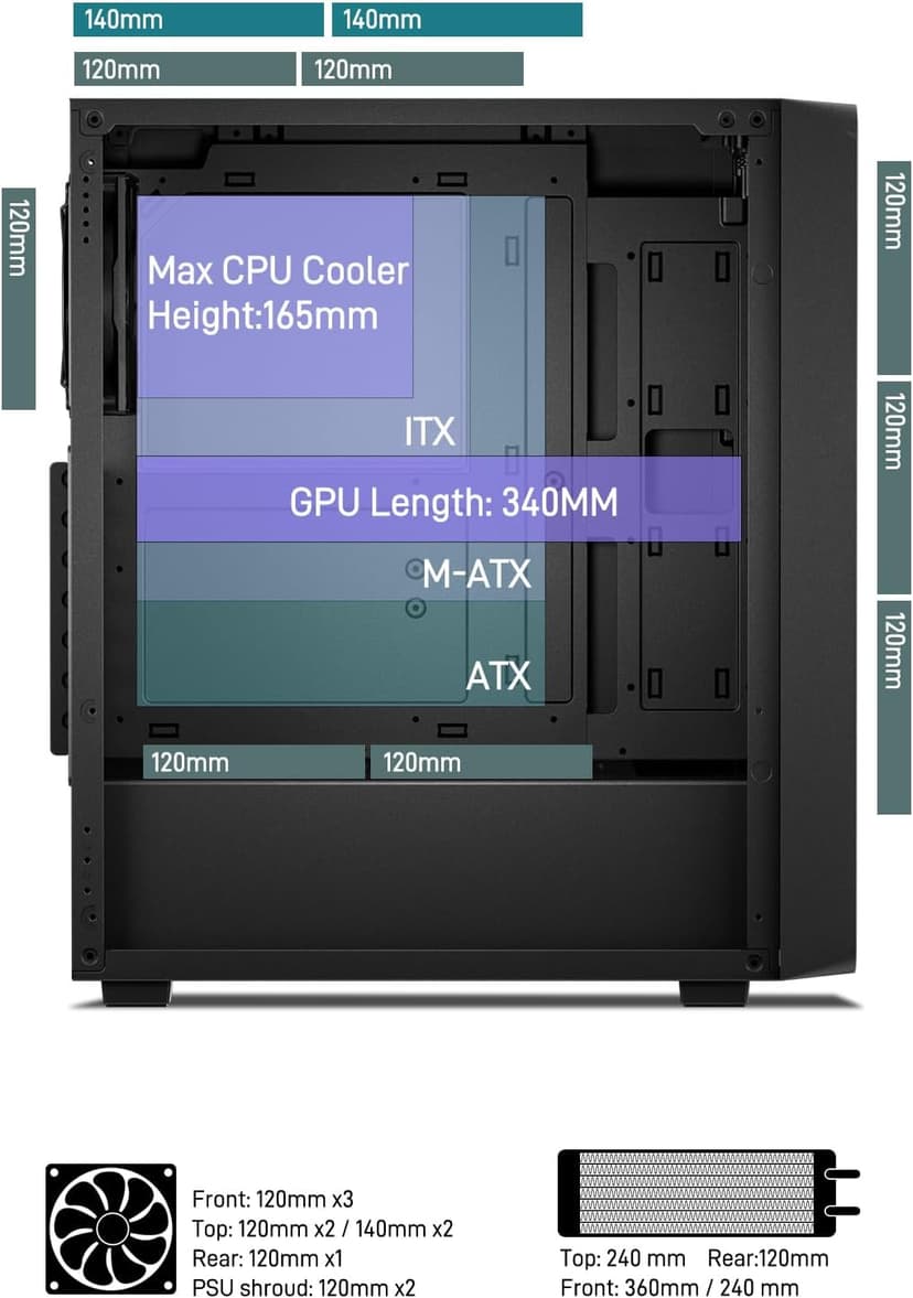 DARKROCK EC2 Black ATX Mid Tower PC Case, Type-C Ready, Supports 50 Series Graphics Cards, Tempered Glass Side Panel, up to 8 x 120mm Cooling Fans & 1 x 360mm Radiator, 1 x Pre-Installed Fan