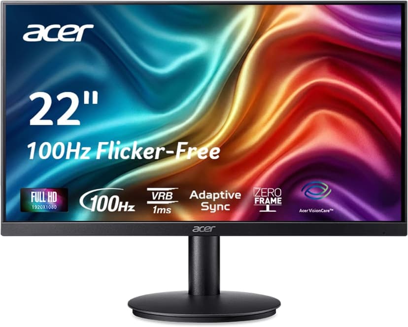 acer KB220Q H2bi 21.5" Full HD (1920 x 1080) Zero-Frame Home Office Monitor | Adaptive-Sync Support (FreeSync Compatible) | Up to 100Hz Refresh | 1ms (VRB) | sRGB 99% | Tilt | HDMI & VGA Ports