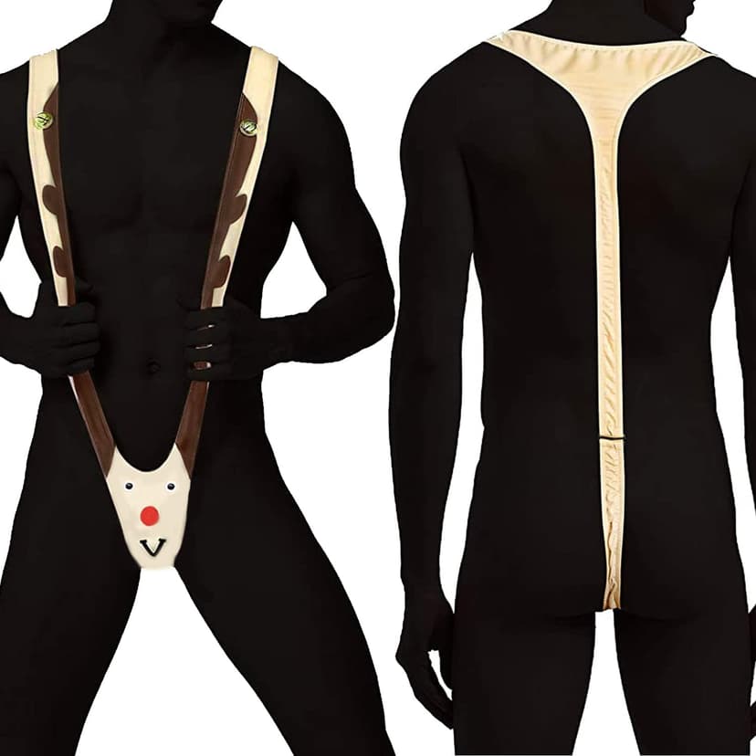 Christmas Gag Gift Funny Underwear Mens Reindeer Halloween Costume Mankini Thong w/Bells, Naughty White Elephant Gifts for Adults, Dirty Secret Santa Gifts for Men Him, Prank Stocking Stuffers for Men