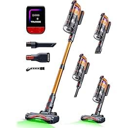 Cordless Vacuum Cleaner for Home, Upgraded 60Kpa Powerful Suction Pet Hair Vacuum with 70min Runtime, Green LED Light for Hardwood Floors & Carpet, Self-Standing Rechargeable Stick Vacuum, Golden