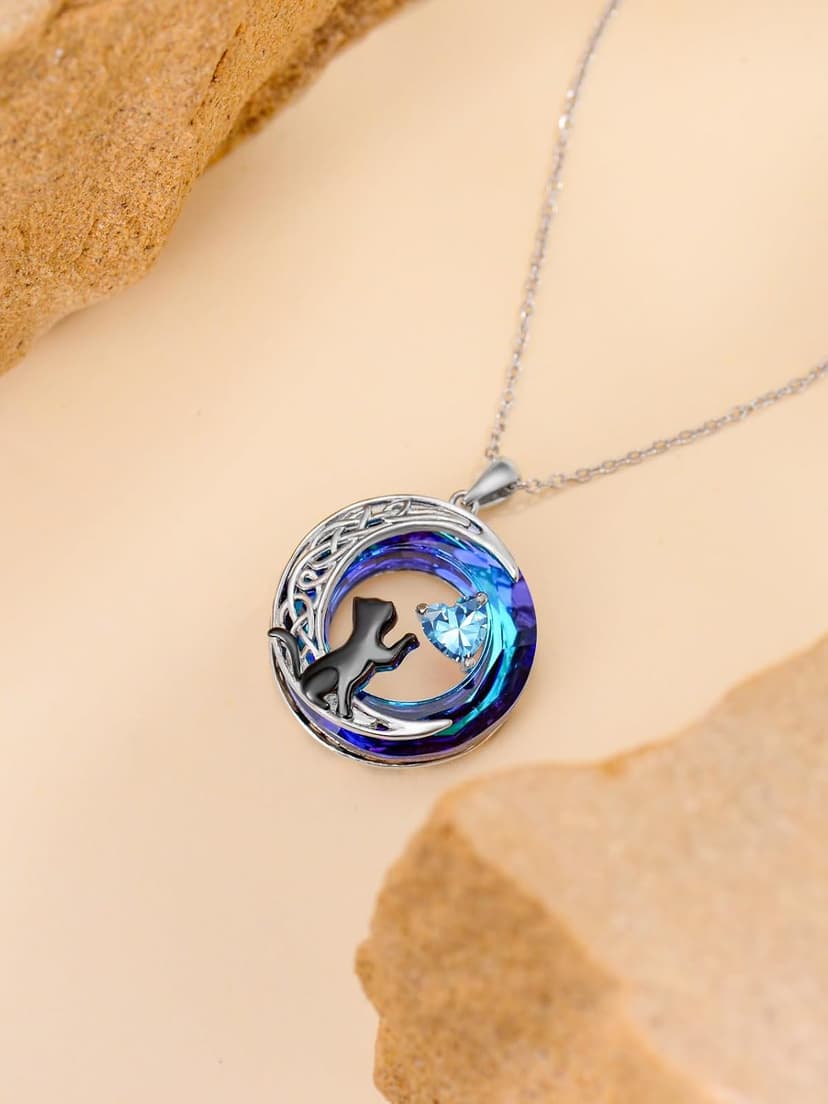 TOUPOP Cat Gifts for Cats Lovers 925 Sterling Silver Black Cat Necklace Celtic Moon Birthstone Jewelry for Women Anniversary Birthday Gift for Her Wife Mom B0DMF7SK9C