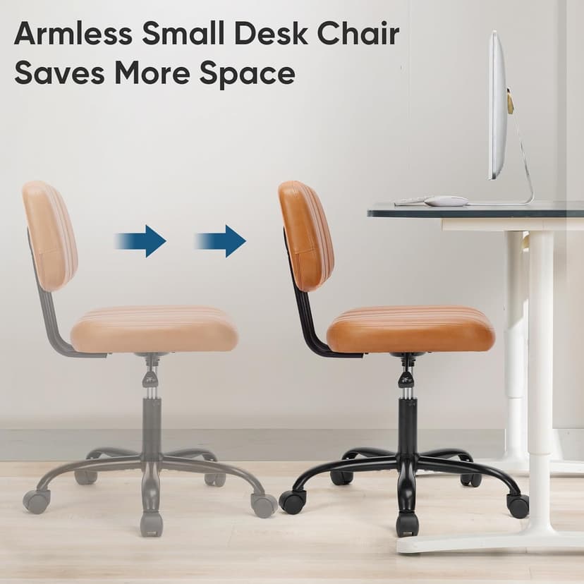 DUMOS Armless Home Office Executive Chair - Small Desk Chair with Low Back Lumbar Support, Height Adjustable PU Leather Computer Task Chair with 360° Swivel Wheels, for Adults, Brown