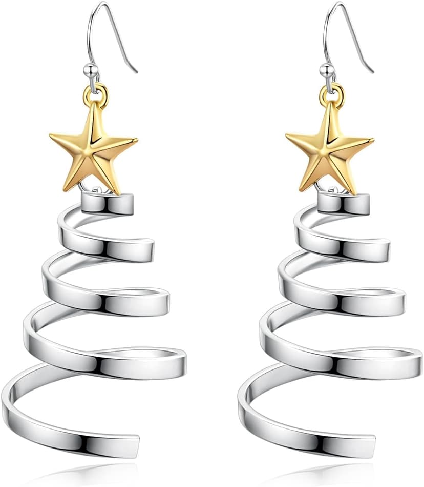 Handmade Christmas Tree Dangle Hoop Earrings Golden Silver Two Tone Women Holiday Gift, Thanksgiving Themed Earrings, Christmas Party Gift