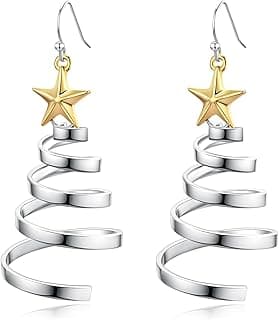Handmade Christmas Tree Dangle Hoop Earrings Golden Silver Two Tone Women Holiday Gift, Thanksgiving Themed Earrings, Christmas Party Gift