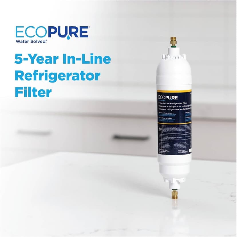 EcoPure EPINL30 5-Year In-Line Refrigerator Water Filter – Universal Fit for Most Fridges, Ice Makers, RVs & Boats – Reduces Chlorine Taste & Odor – Easy DIY Install with 1/4" Fittings