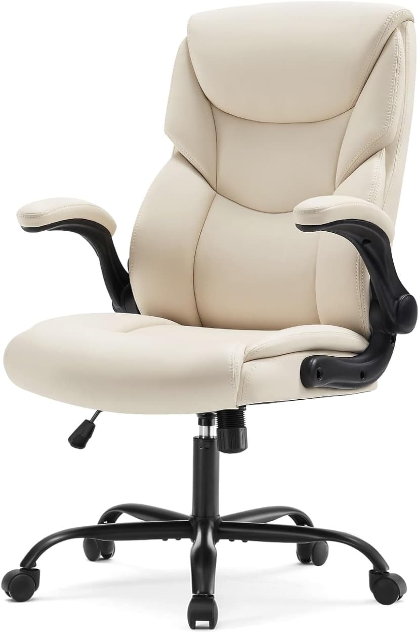 Sweetcrispy Ergonomic Office Chair Heavy Duty Task Desk Chair with Flip-up Arms, PU Leather, Adjustable Swivel Rolling Chair with Wheels, Beige
