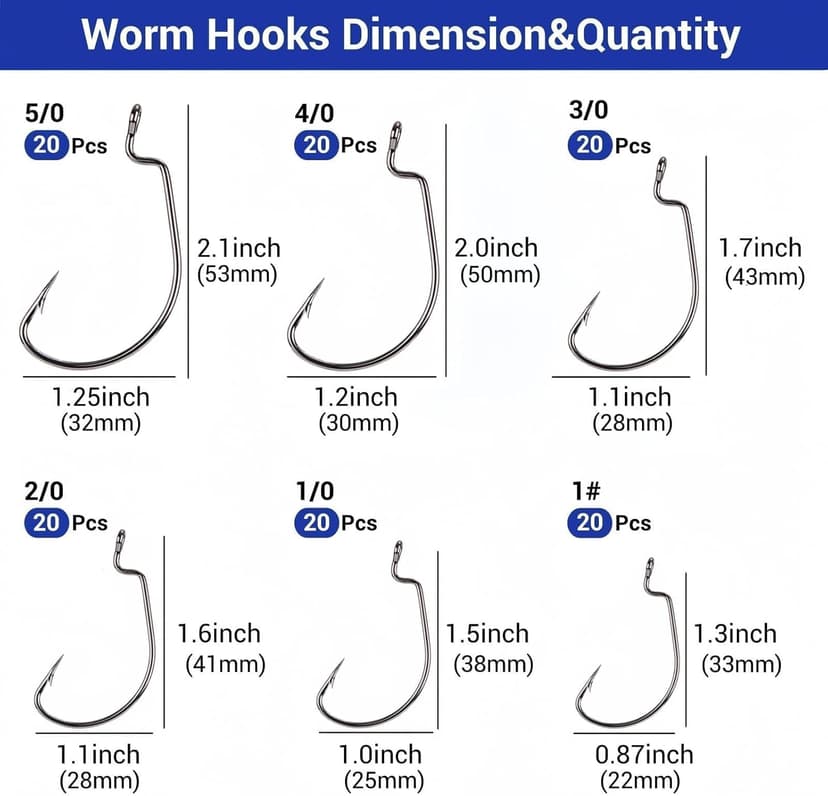 FINOSEAK 120Pcs Bass Hooks Set, Strong Offset Bass Fishing Hooks Freshwater Barbed Sharp Worm Hooks for Texas Rigging Fishing Extra Wide Gap 6 Sizes Assorted #1 1/0 2/0 3/0 4/0 5/0