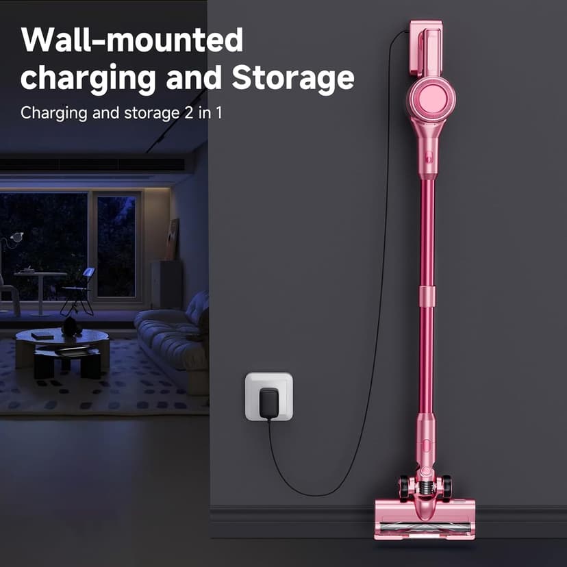 Cordless Vacuum Cleaner, 38Kpa Powerful Stick Vacuum Cleaner with 45mins Rechargeable Battery, LED Anti-Tangle Brush, 8-in-1 Handheld Vacuum Cleaners for Home/Pet Hair/Carpets/Floors, Pink
