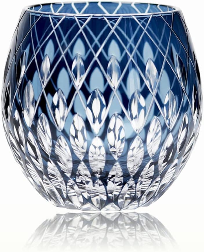 JINZHI Japanese Style EDO Kiriko Whiskey Glasses 11OZ Unique Shape Colored Hand Carved Glass Tumbler for Bourbon Lovers - Style Glassware for Rum - Rocks glasses in Gift Box (Blue)