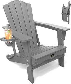 THOEOE Folding Adirondack Chair,HDPE All-Weather Outdoor Chair with Cup Holder,Wooden Textured,Fire Pit Chair,Plastic Patio Chair for Deck,Backyard,Garden,Lawn, Grey