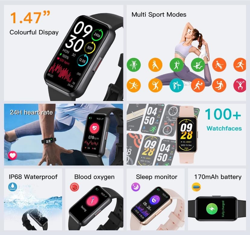 USMECBL Fitness Trackers,Blood Oxygen Heart Rate Sleep Monitor,Smart Band 24/7 Health Monitoring,Calorie Pedometer Steps Counter Activity watchs/Notifications for iOS/Android