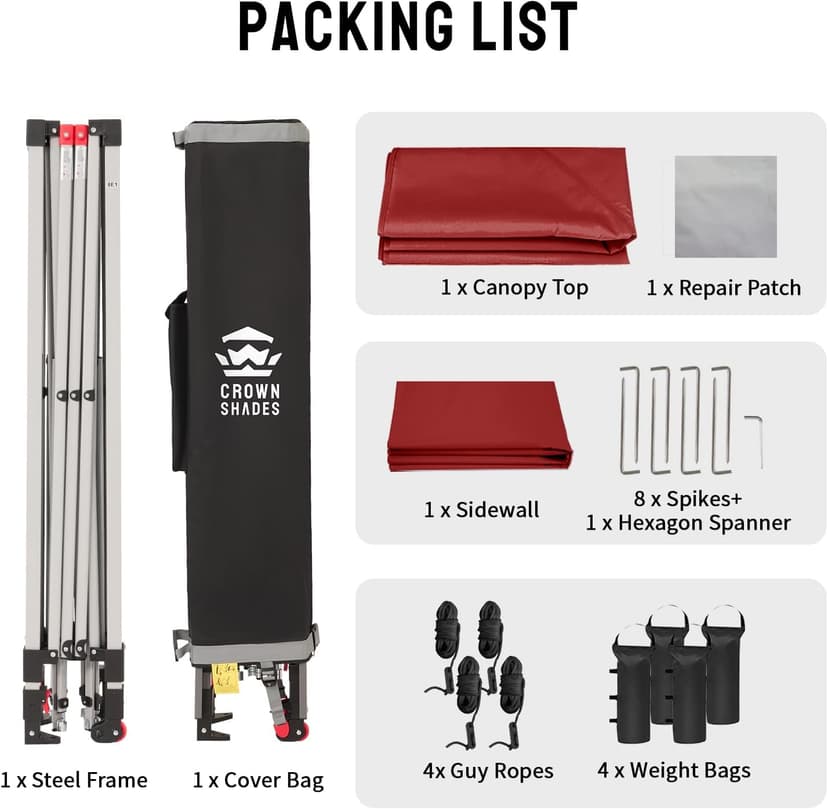 CROWN SHADES 10x10 Pop Up Canopy with 1 Side Wall - Beach Tent with One Push Setup - Outdoor Sun Shade for Events, Parties, Camping - Gazebo with STO-N-Go Cover Bag (Red)