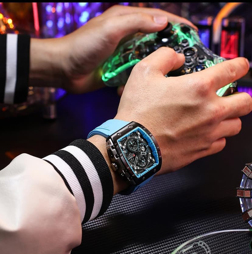 PASOY Luxury Chronograph Watches for Mens Rubber Strap Black Waterproof Date Analog Quartz Watch