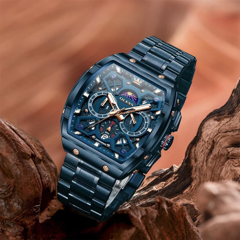 OLEVS Watches for Men Analog Quartz Luxury Diamond Waterproof Chronograph Stainless Steel Big Face Square Date Moon Phase Roman Numeral Dress Watch for Men