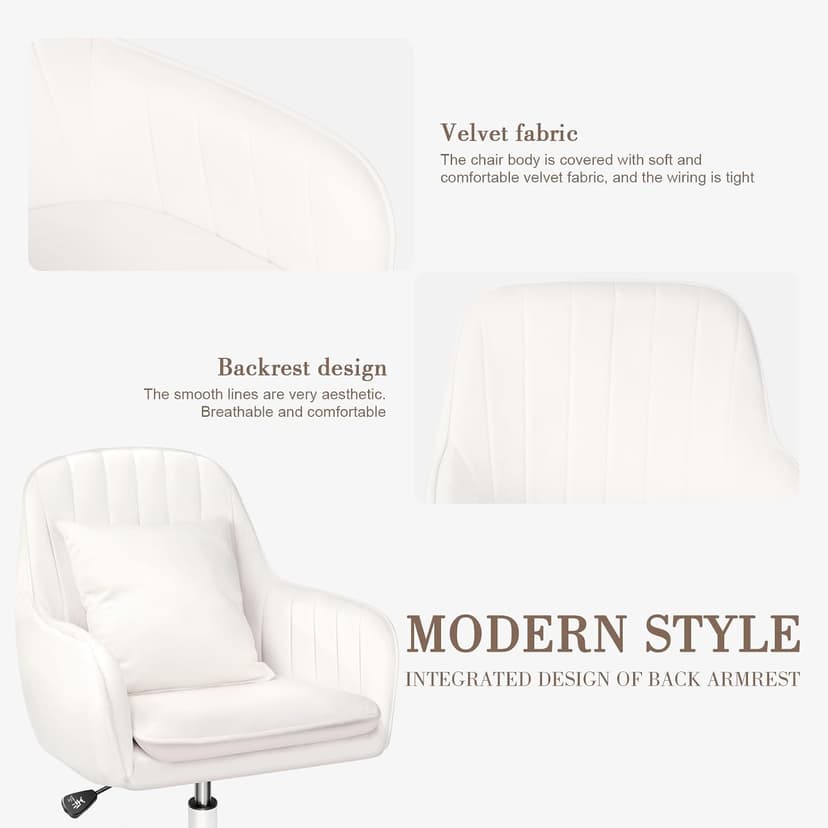 Mid Back Velvet Vanity Chair Swivel Rolling Desk Chair with Wheels, Modern Upholstered Makeup Chair for Women Girls, Computer Task Chair for Bedroom Living Room Office, White
