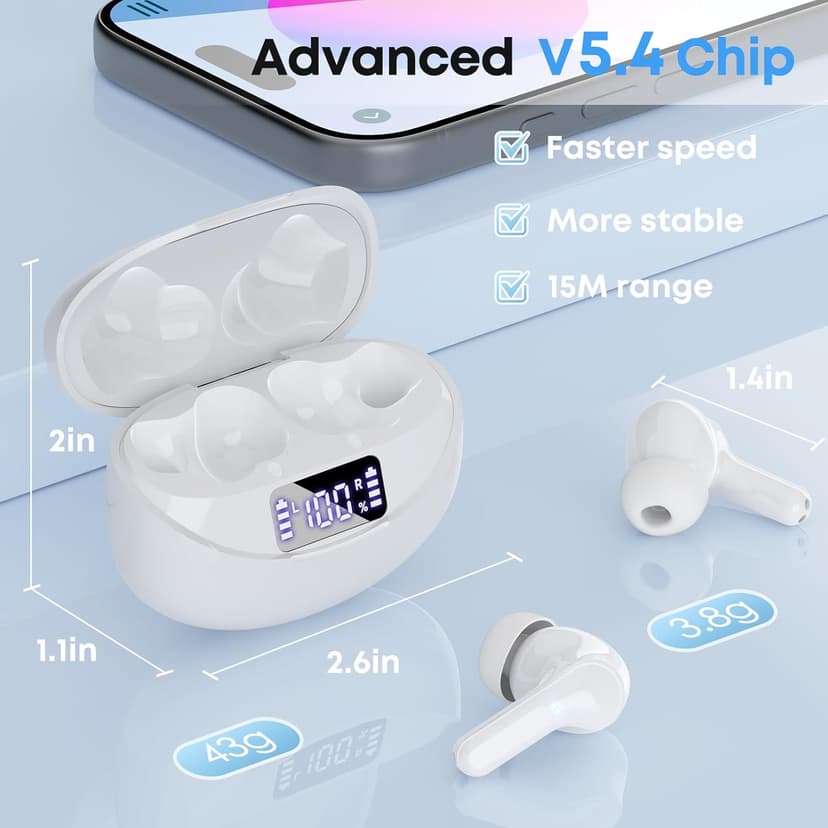 Fhumsh Wireless Earbuds, Bluetooth 5.4 HiFi Stereo Headphones with Noise Cancelling Mic, 50H Playback in Ear Buds with LED Digital Display, IPX7 Waterproof Earphones for Office/Running/Workout White