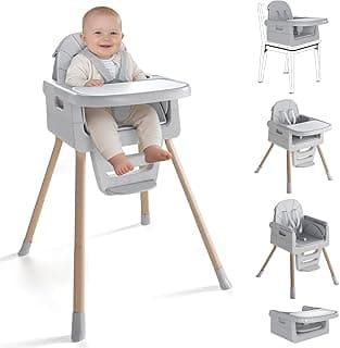 Baby High Chair for 6 Months+, Foldable High Chairs for Babies and Toddlers, Convertible High Chair, Adjustable Tray & Footrest, Portable High Chair & Easy to Clean(Grey with Wood Grain)