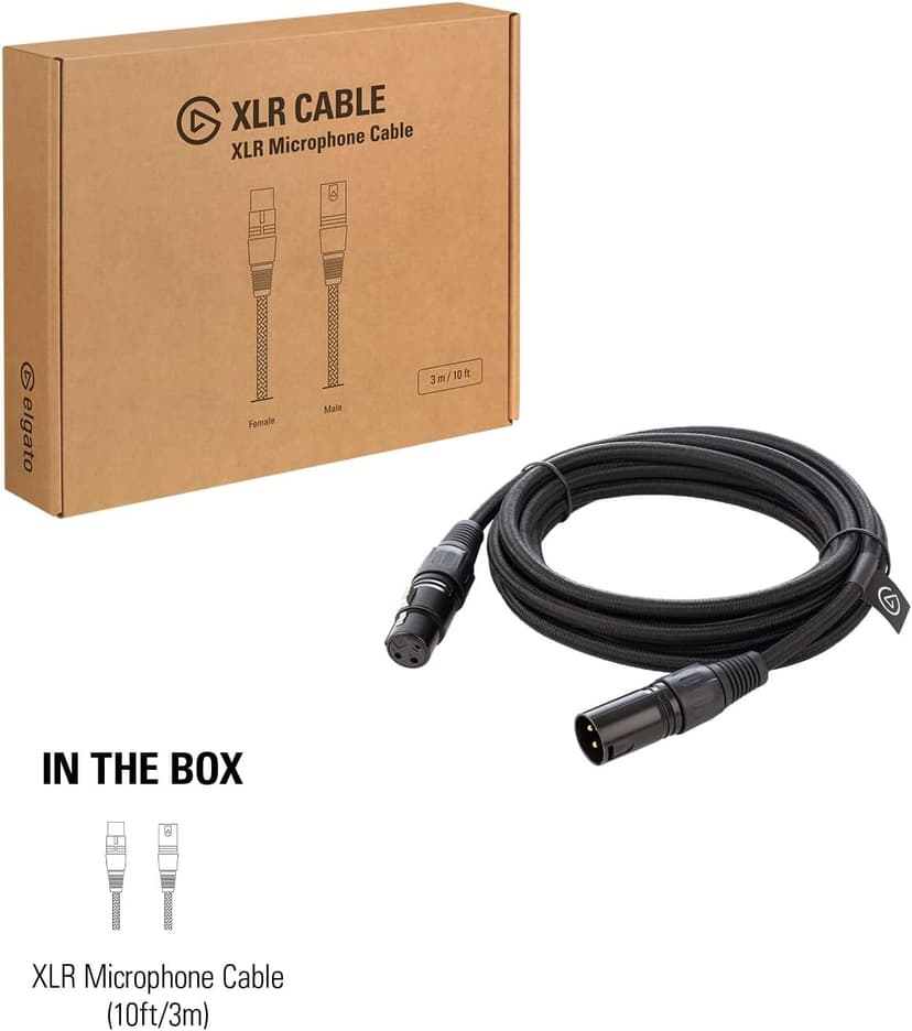 Elgato XLR Cable – Shielded Microphone Cable for Studio Recording and Live Production, Gold-Plated Pins, Male to Female, for Mic and Balanced Analog Line Levels, 10ft/3m